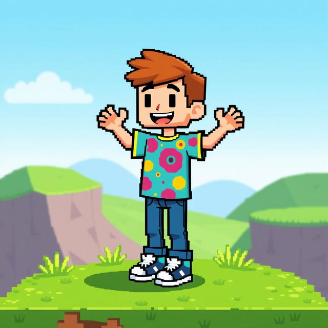 A pixel art character in 2D style, featuring a humanoid figure with vibrant colors