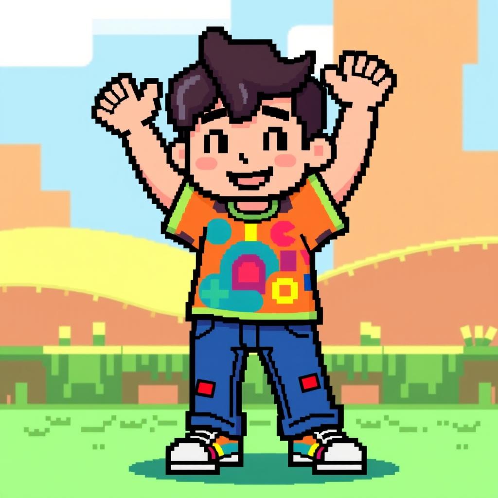 A pixel art character in 2D style, featuring a humanoid figure with vibrant colors