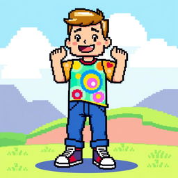A pixel art character in 2D style, featuring a humanoid figure with vibrant colors