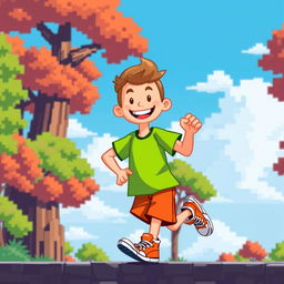 A pixel art character in 2D style, showcasing a humanoid figure with a colorful and cheerful appearance