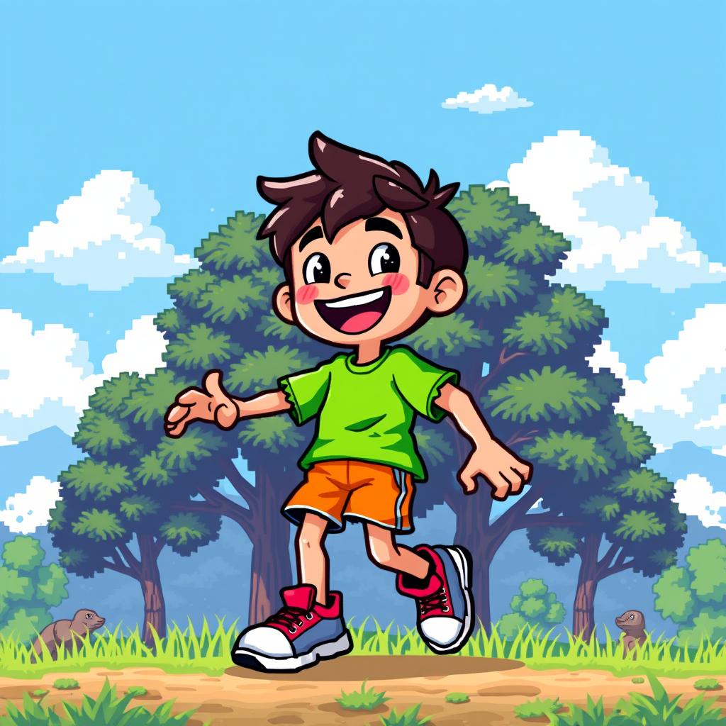 A pixel art character in 2D style, showcasing a humanoid figure with a colorful and cheerful appearance