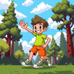 A pixel art character in 2D style, showcasing a humanoid figure with a colorful and cheerful appearance