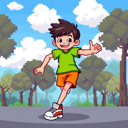 A pixel art character in 2D style, showcasing a humanoid figure with a colorful and cheerful appearance