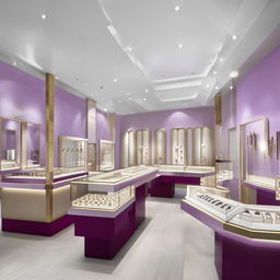 An elegant 25x10 feet jewellery shop designed in pristine white, shimmering gold, and subtle hints of royal purple.