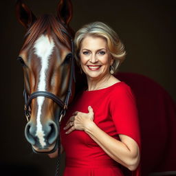 A beautiful 60-year-old woman dressed in an elegant red dress stands facing the camera, her captivating face adorned with a provocative smile