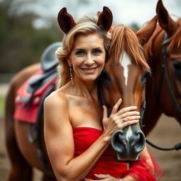 A beautiful 60-year-old woman dressed in an elegant red dress stands facing the camera, her captivating face adorned with a provocative smile