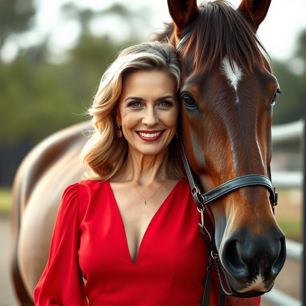 A beautiful 60-year-old woman dressed in an elegant red dress stands facing the camera, her captivating face adorned with a provocative smile