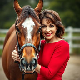 A beautiful 60-year-old woman dressed in an elegant red dress stands facing the camera, her captivating face adorned with a provocative smile