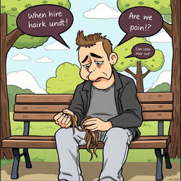 A humorous comic-style illustration depicting a sad man experiencing hair loss