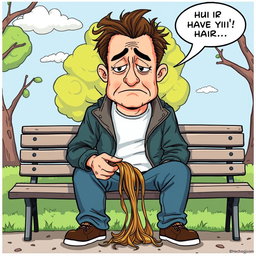 A humorous comic-style illustration depicting a sad man experiencing hair loss