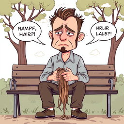 A humorous comic-style illustration depicting a sad man experiencing hair loss