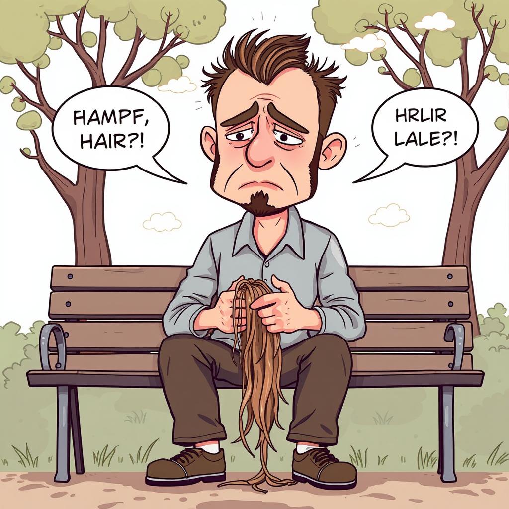 A humorous comic-style illustration depicting a sad man experiencing hair loss