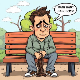 A humorous comic-style illustration depicting a sad man experiencing hair loss