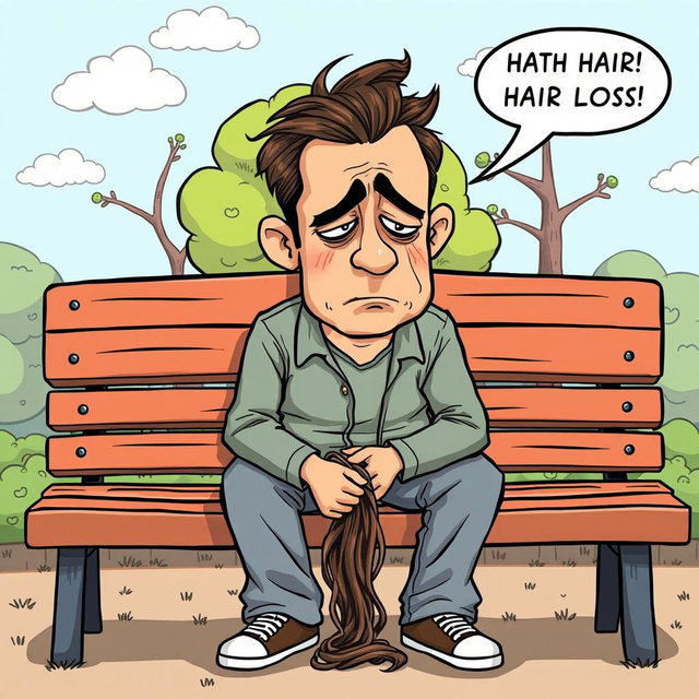 A humorous comic-style illustration depicting a sad man experiencing hair loss