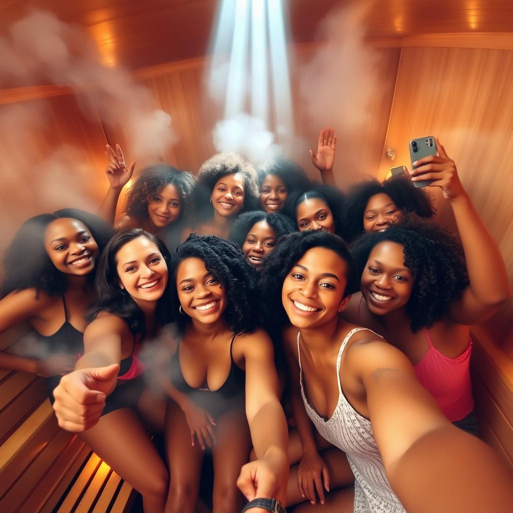 Several women enjoying their time in a steam sauna, relaxing and taking selfies