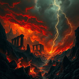 A dramatic and vivid depiction of Hell, featuring fiery flames, dark landscapes, and ominous shadows