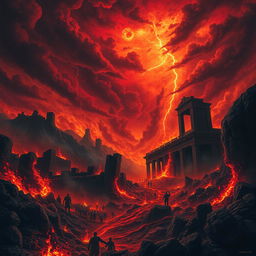 A dramatic and vivid depiction of Hell, featuring fiery flames, dark landscapes, and ominous shadows