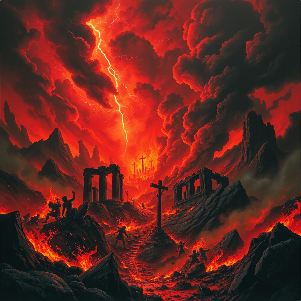 A dramatic and vivid depiction of Hell, featuring fiery flames, dark landscapes, and ominous shadows