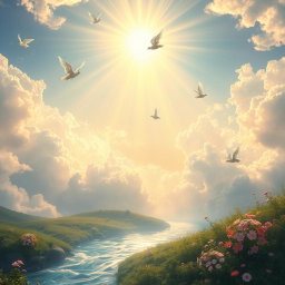 A serene and beautiful depiction of heaven, featuring ethereal clouds, radiant golden light streaming from a heavenly realm, soft pastel colors enveloping the landscape, angels with delicate wings gracefully soaring amidst the clouds, lush greenery and vibrant flowers blooming in abundance, a flowing river of crystal-clear water reflecting the light, and gentle rays of sunlight breaking through the clouds, creating a divine and peaceful atmosphere
