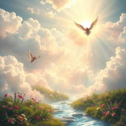 A serene and beautiful depiction of heaven, featuring ethereal clouds, radiant golden light streaming from a heavenly realm, soft pastel colors enveloping the landscape, angels with delicate wings gracefully soaring amidst the clouds, lush greenery and vibrant flowers blooming in abundance, a flowing river of crystal-clear water reflecting the light, and gentle rays of sunlight breaking through the clouds, creating a divine and peaceful atmosphere