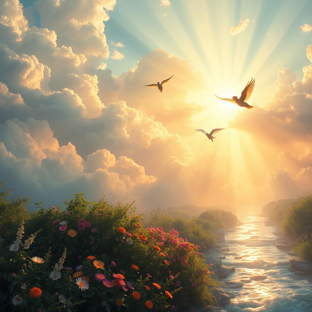 A serene and beautiful depiction of heaven, featuring ethereal clouds, radiant golden light streaming from a heavenly realm, soft pastel colors enveloping the landscape, angels with delicate wings gracefully soaring amidst the clouds, lush greenery and vibrant flowers blooming in abundance, a flowing river of crystal-clear water reflecting the light, and gentle rays of sunlight breaking through the clouds, creating a divine and peaceful atmosphere