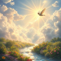 A serene and beautiful depiction of heaven, featuring ethereal clouds, radiant golden light streaming from a heavenly realm, soft pastel colors enveloping the landscape, angels with delicate wings gracefully soaring amidst the clouds, lush greenery and vibrant flowers blooming in abundance, a flowing river of crystal-clear water reflecting the light, and gentle rays of sunlight breaking through the clouds, creating a divine and peaceful atmosphere