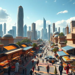 A futuristic cityscape of Iran in 2026, showcasing advanced architecture blending traditional Persian motifs with modern technology