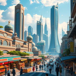 A futuristic cityscape of Iran in 2026, showcasing advanced architecture blending traditional Persian motifs with modern technology