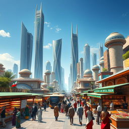A futuristic cityscape of Iran in 2026, showcasing advanced architecture blending traditional Persian motifs with modern technology