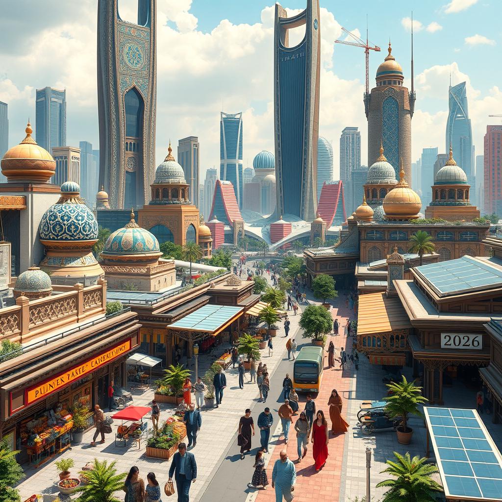A futuristic cityscape of Iran in 2026, showcasing advanced architecture blending traditional Persian motifs with modern technology