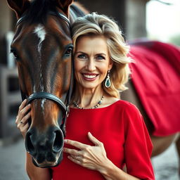 A stunning 60-year-old woman in a striking red dress stands directly facing the camera, her captivating face adorned with a provocative smile