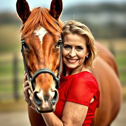 A stunning 60-year-old woman in a striking red dress stands directly facing the camera, her captivating face adorned with a provocative smile