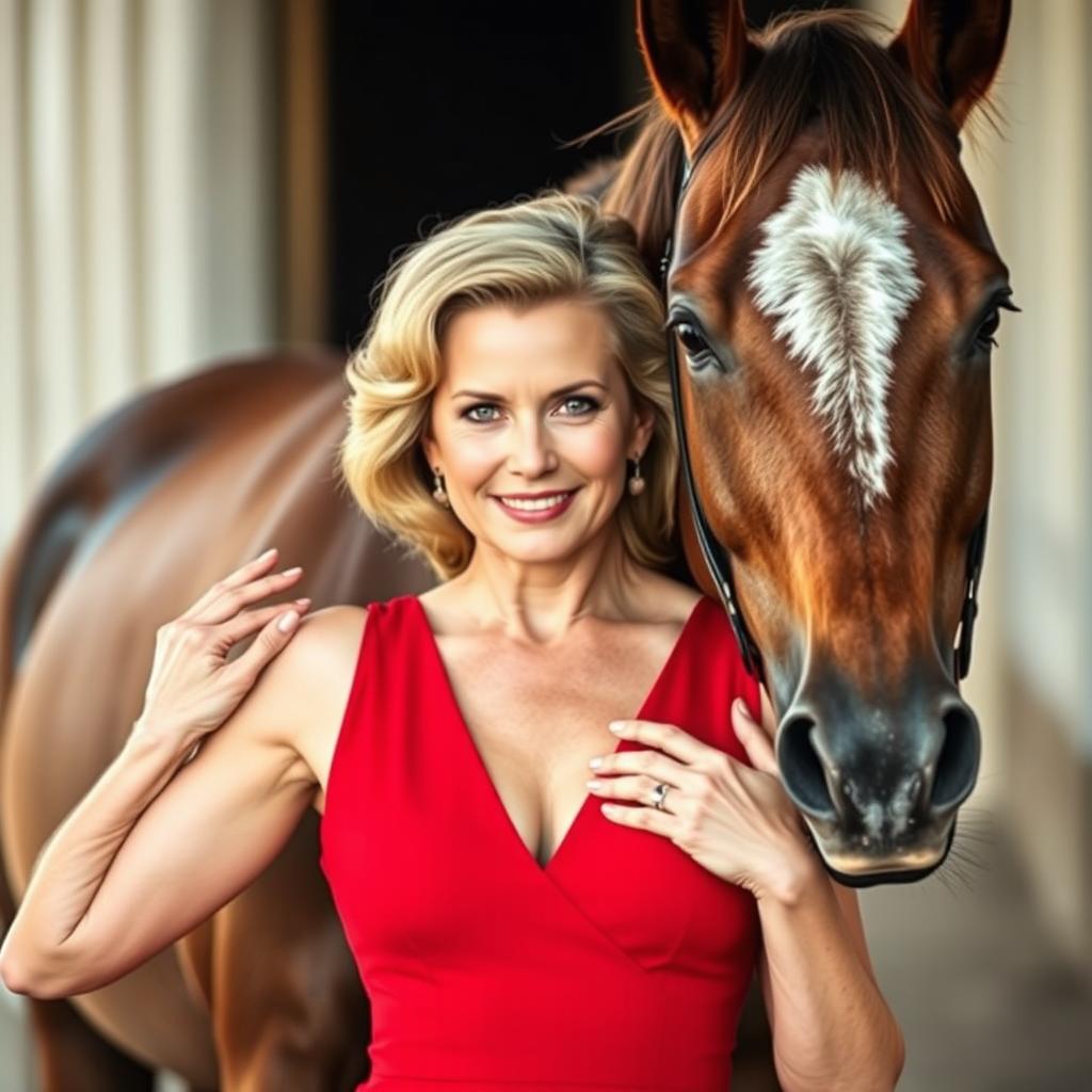 A stunning 60-year-old woman in a striking red dress stands directly facing the camera, her captivating face adorned with a provocative smile