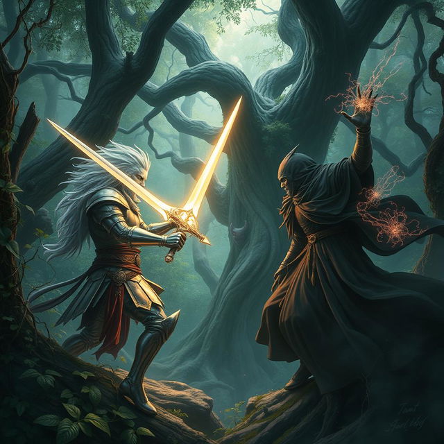 A dramatic scene depicting a fierce battle between two powerful warriors in a mystical forest