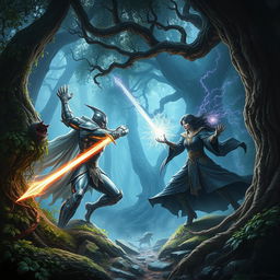 A dramatic scene depicting a fierce battle between two powerful warriors in a mystical forest