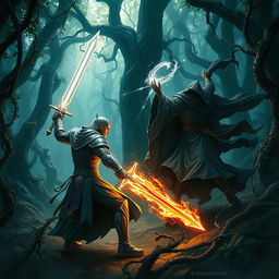 A dramatic scene depicting a fierce battle between two powerful warriors in a mystical forest