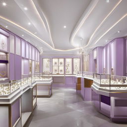 An elegant 25x10 feet jewellery shop designed in pristine white, shimmering gold, and subtle hints of royal purple.