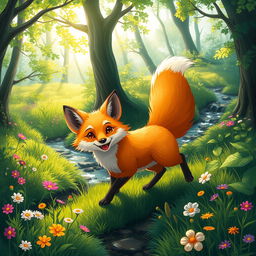A vibrant and detailed scene featuring a playful fox in a lush green forest