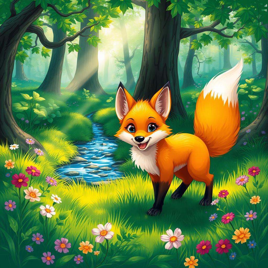 A vibrant and detailed scene featuring a playful fox in a lush green forest