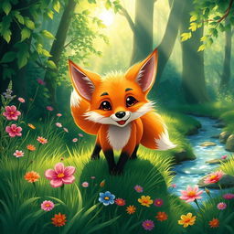 A vibrant and detailed scene featuring a playful fox in a lush green forest