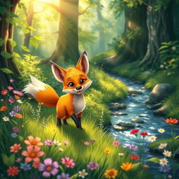 A vibrant and detailed scene featuring a playful fox in a lush green forest