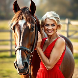 A lovely 60-year-old woman in a bright red dress stands confidently facing the camera, her alluring expression showcasing a provocative smile