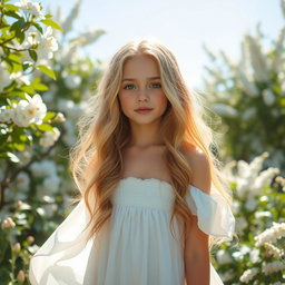 A beautiful girl with a bright and ethereal vibe, exuding a soft white aesthetic