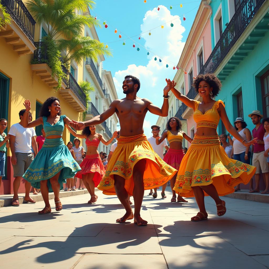 A vibrant depiction of Cuban street dancers performing energetically on a colorful street in Havana, showcasing their lively moves and expressive faces
