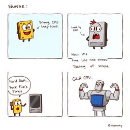 A short comic strip showcasing a humorous interaction between different components of a computer system