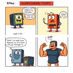 A short comic strip showcasing a humorous interaction between different components of a computer system