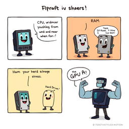A short comic strip showcasing a humorous interaction between different components of a computer system