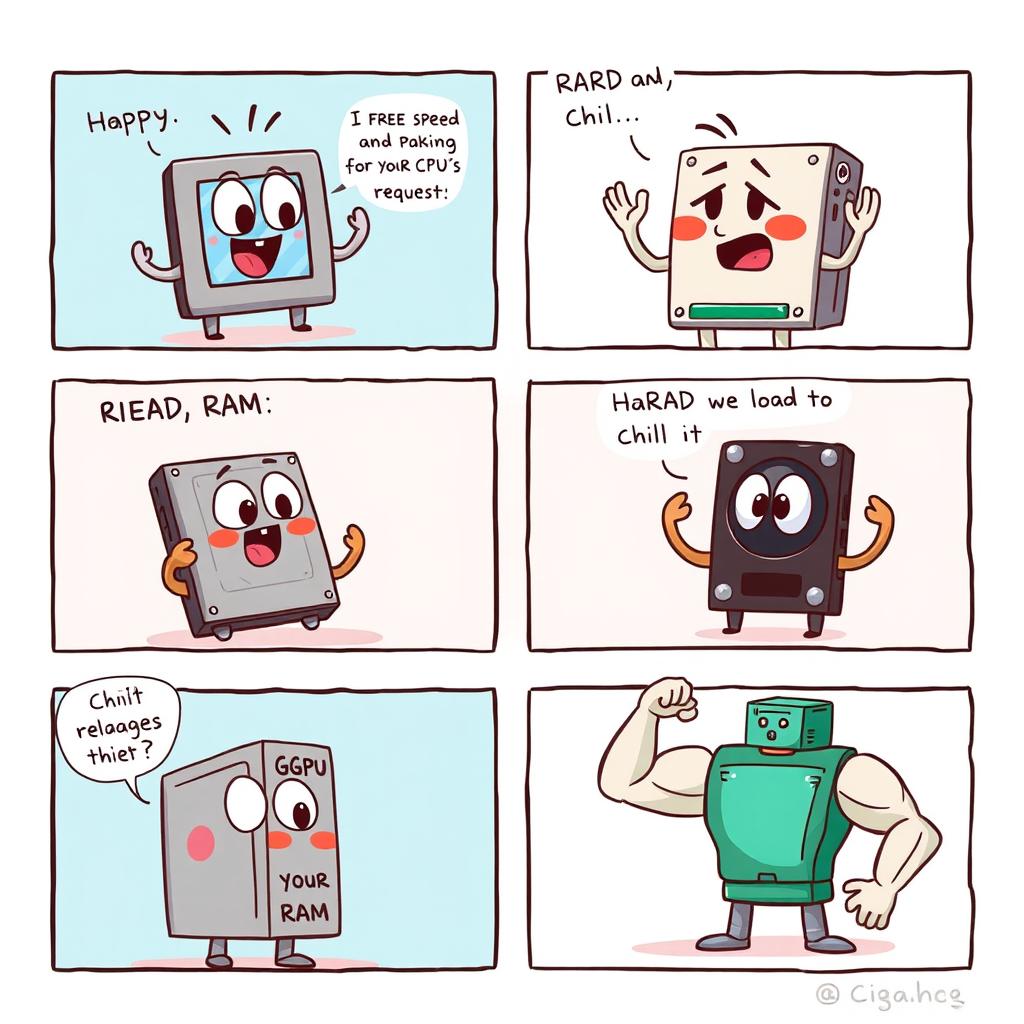 A short comic strip showcasing a humorous interaction between different components of a computer system