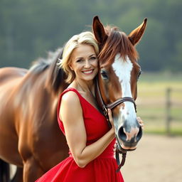 A gorgeous 60-year-old woman in a stylish red dress stands front and center, directly facing the camera with a playful and provocative smile