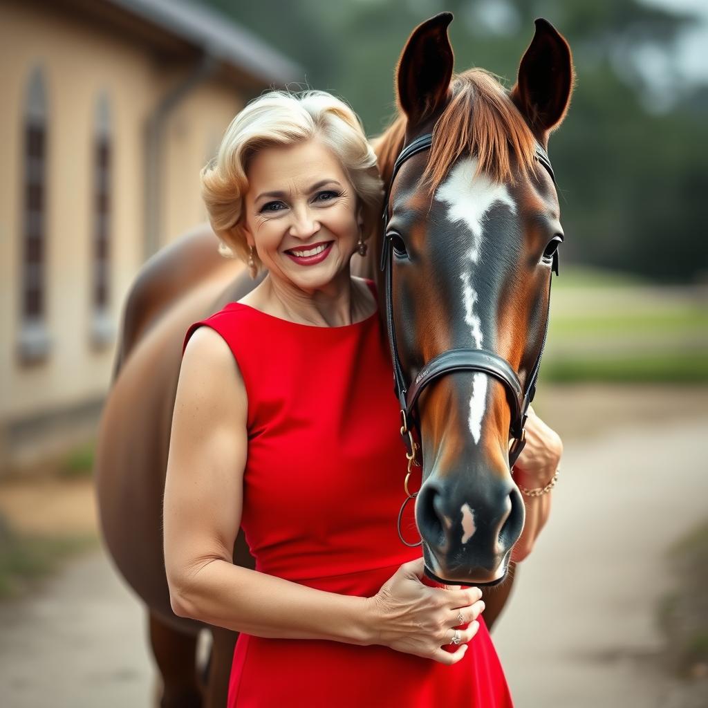 A gorgeous 60-year-old woman in a stylish red dress stands front and center, directly facing the camera with a playful and provocative smile